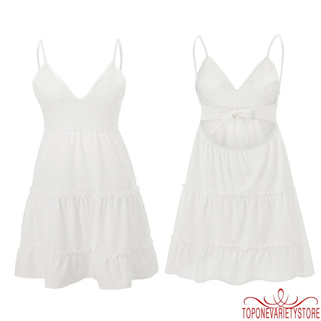 Topone-nữ Mùa Hè Mini Cami Đầm Không Tay Mở Lưng Cổ Chữ V Tầng Ren Spaghetti Dây Đeo Đầm