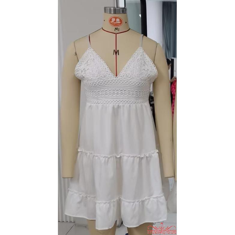 Topone-nữ Mùa Hè Mini Cami Đầm Không Tay Mở Lưng Cổ Chữ V Tầng Ren Spaghetti Dây Đeo Đầm