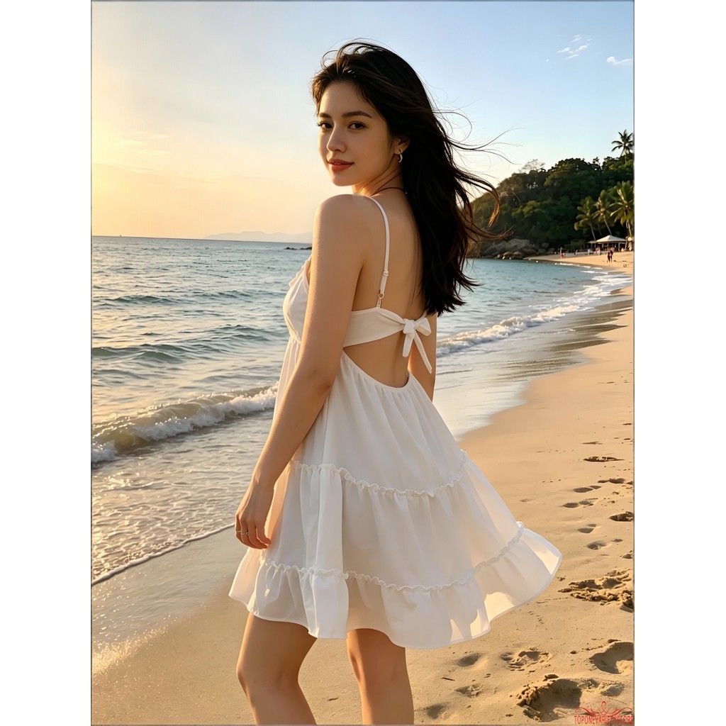 Topone-nữ Mùa Hè Mini Cami Đầm Không Tay Mở Lưng Cổ Chữ V Tầng Ren Spaghetti Dây Đeo Đầm