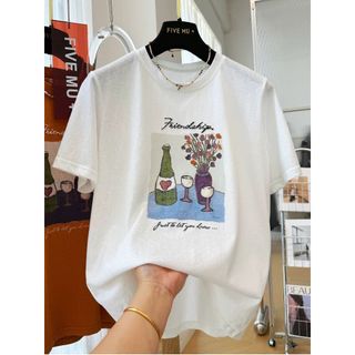 2026 Mới Cổ Tròn Thương Hiệu Mới cotton Lười Rời Hoạt Hình In Hình Áo Thun Nữ Tay Ngắn