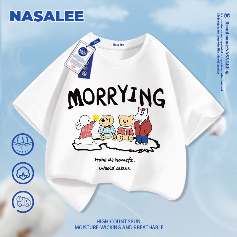 [Giao hàng trong ngày] NASA Hợp thời trang Phong cách mới Cotton nguyên chất cho trẻ em Tay ngắn thoải mái In hình động vật thân thiện với da