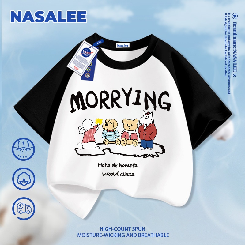 [Giao hàng trong ngày] NASA Hợp thời trang Phong cách mới Cotton nguyên chất cho trẻ em Tay ngắn thoải mái In hình động vật thân thiện với da