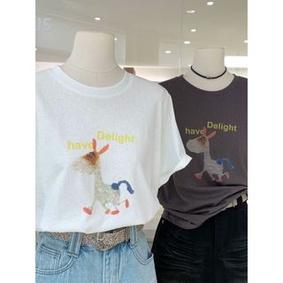 2026 Mới Cổ Tròn Thương Hiệu Mới cotton Lười Rời Hoạt Hình In Hình Áo Thun Nữ Tay Ngắn