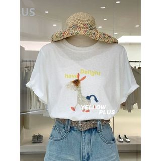 2026 Mới Cổ Tròn Thương Hiệu Mới cotton Lười Rời Hoạt Hình In Hình Áo Thun Nữ Tay Ngắn