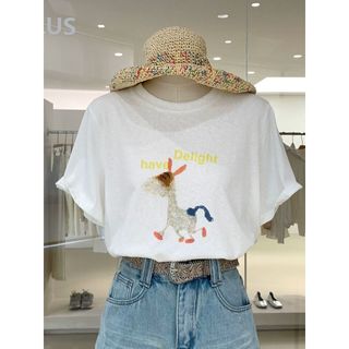 2026 Mới Cổ Tròn Thương Hiệu Mới cotton Lười Rời Hoạt Hình In Hình Áo Thun Nữ Tay Ngắn