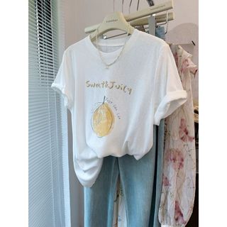 2026 Mới Cổ Tròn Thương Hiệu cotton Lười Rời Hoạt Hình In Hình Áo Thun Nữ Tay Ngắn