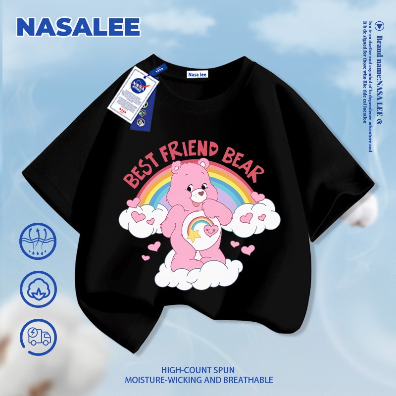 [Giao hàng trong ngày] NASA Hợp thời trang Phong cách mới Cotton nguyên chất cho trẻ em tay ngắn thoải mái in hình gấu cầu vồng thân thiện với da