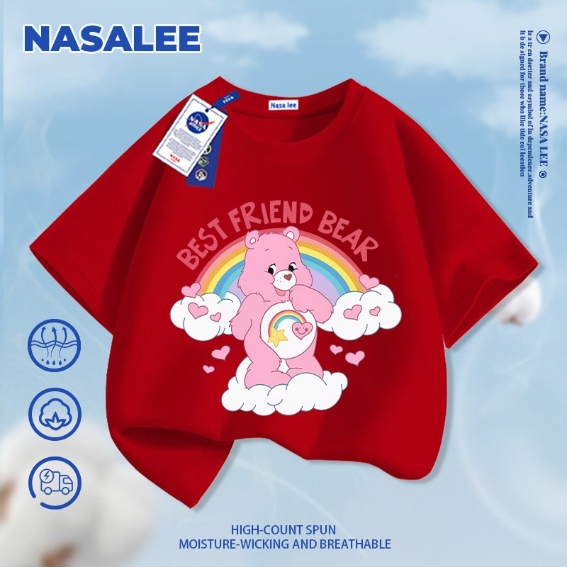 [Giao hàng trong ngày] NASA Hợp thời trang Phong cách mới Cotton nguyên chất cho trẻ em tay ngắn thoải mái in hình gấu cầu vồng thân thiện với da