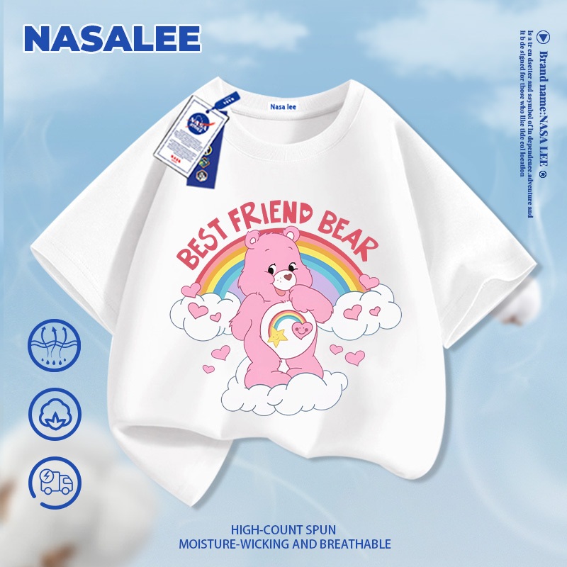 [Giao hàng trong ngày] NASA Hợp thời trang Phong cách mới Cotton nguyên chất cho trẻ em tay ngắn thoải mái in hình gấu cầu vồng thân thiện với da