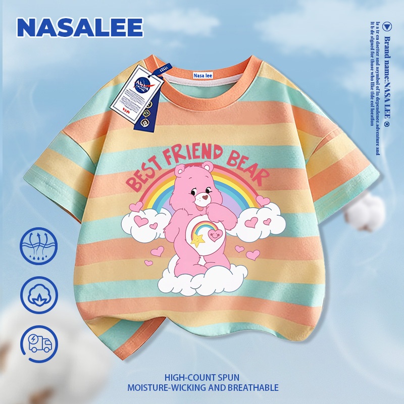 [Giao hàng trong ngày] NASA Hợp thời trang Phong cách mới Cotton nguyên chất cho trẻ em tay ngắn thoải mái in hình gấu cầu vồng thân thiện với da