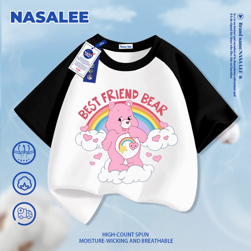 [Giao hàng trong ngày] NASA Hợp thời trang Phong cách mới Cotton nguyên chất cho trẻ em tay ngắn thoải mái in hình gấu cầu vồng thân thiện với da