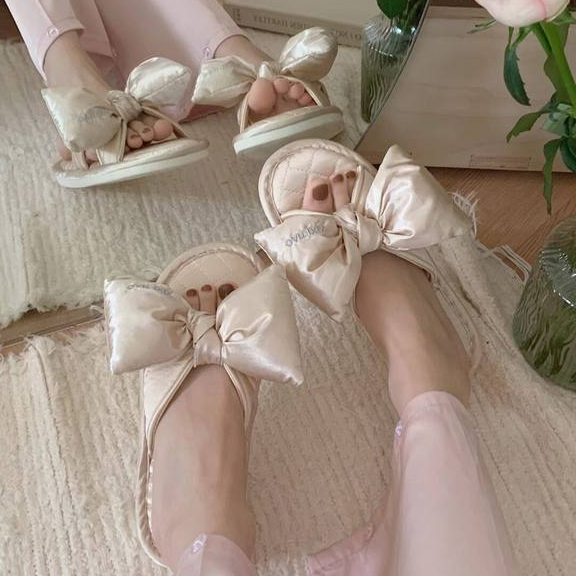XIXITIAO Dép Vải Lanh Cotton Nhà Nữ Phong Cách Mới Thoải Mái Bốn Mùa Nơ Lụa