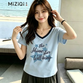 [MIZIQI] Áo thun ngắn tay cổ chữ V mùa hè dành cho nữ, dáng rộng thon gọn hơn trông thường ngày