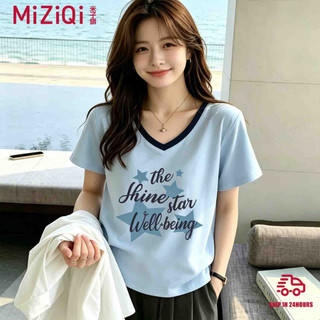 [MIZIQI] Áo thun ngắn tay cổ chữ V mùa hè dành cho nữ, dáng rộng thon gọn hơn trông thường ngày