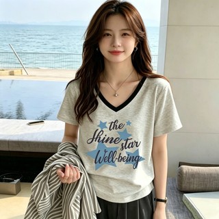 [MIZIQI] Áo thun ngắn tay cổ chữ V mùa hè dành cho nữ, dáng rộng thon gọn hơn trông thường ngày
