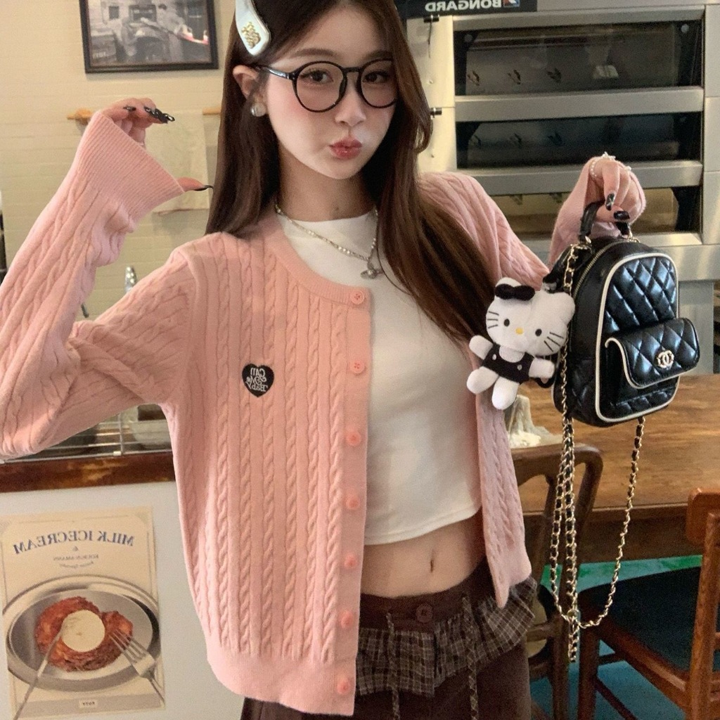 Size Lớn Dệt Kim Cardigan Nữ Thu Đông Phong Cách Mới Thời Trang Phù Hợp Với Tuổi Giảm Dày Áo Màu Hồng