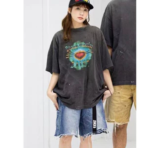 Vintage Thường Ngày Rửa Vintage Trái Tim In Chữ Thoải Mái Cổ Tròn Unisex Áo Thun Tay Ngắn
