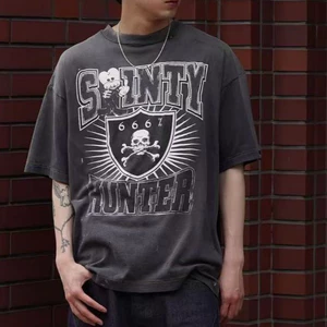 Unisex Quá Khổ Retro In Hình Ngực Crew Cổ Giặt Áo Thun Tay Ngắn Cổ Điển