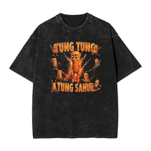 Áo thun Cotton rửa đường phố thời trang Brainrot Meme Tung Sahur ngộ nghĩnh dành cho nam và nữ