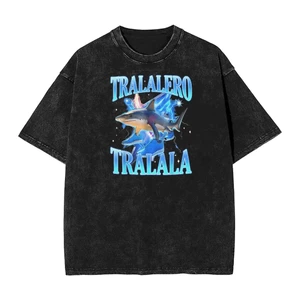 Talalero Tralalala Shark Meme Nam Thời Trang Giặt Retro Phố Cotton In Hình Áo Thun