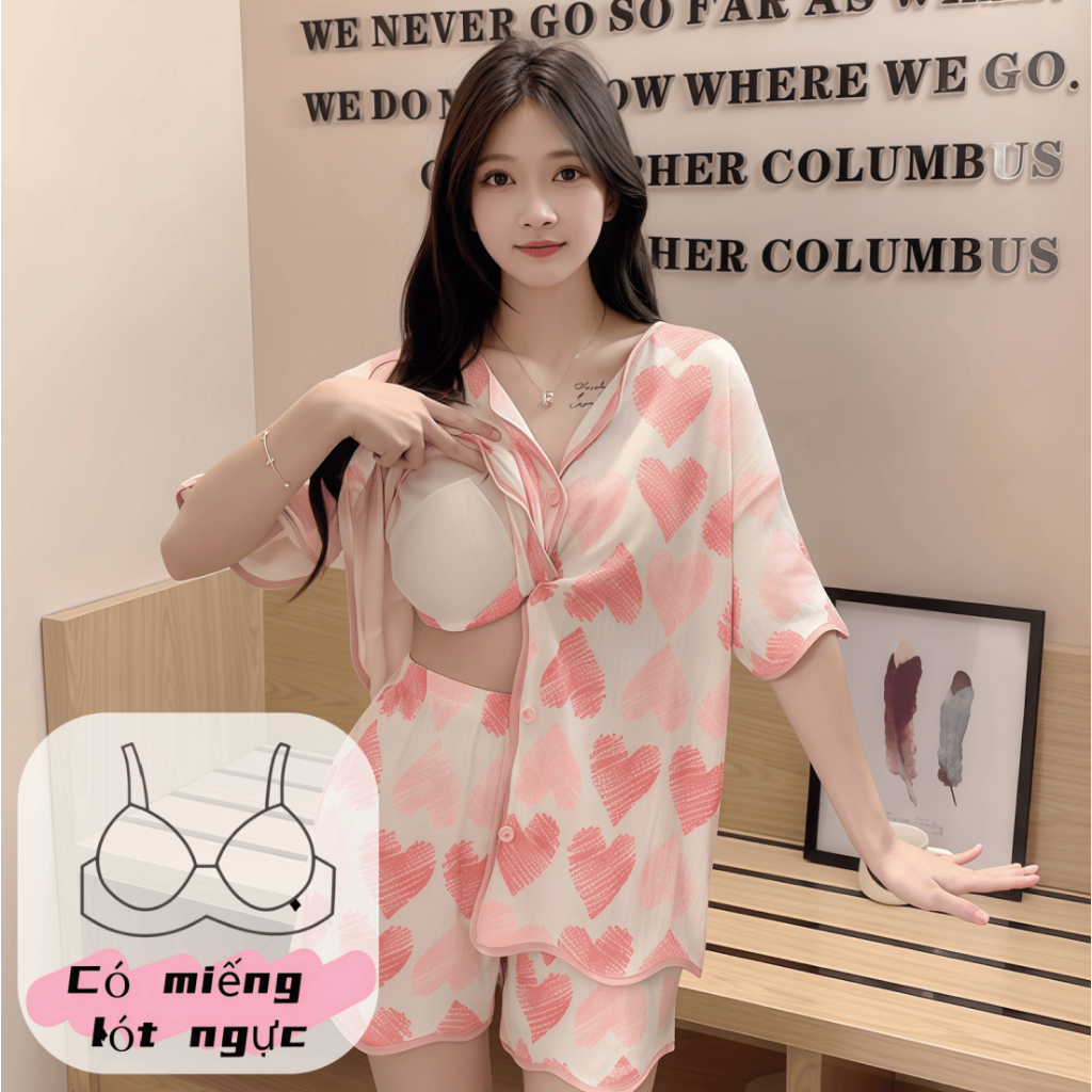 【Có đệm ngực】Áo khoác ngủ nữ in hoa dễ thương, cổ V, tay dài + quần dài / tay ngắn + quần ngắn - Đồ ngủ nữ mặc nhà hoặc mặc ngoài được
