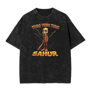 Brainrot Meme Tung Sauhur Nam Rửa Nước Retro Thời Trang Nguyên Chất Áo Thun Cotton Top