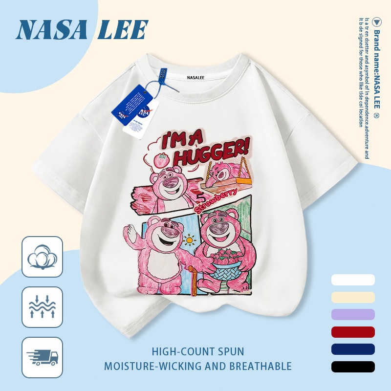 [Giao hàng trong ngày] Áo thun Cotton nguyên chất màu trắng cho trẻ em NASA Áo thun Cotton thoáng khí hoạt hình hợp thời trang Gấu dâu in hình trẻ em 3-16 tuổi Bé trai bé gái tay ngắn thông thường