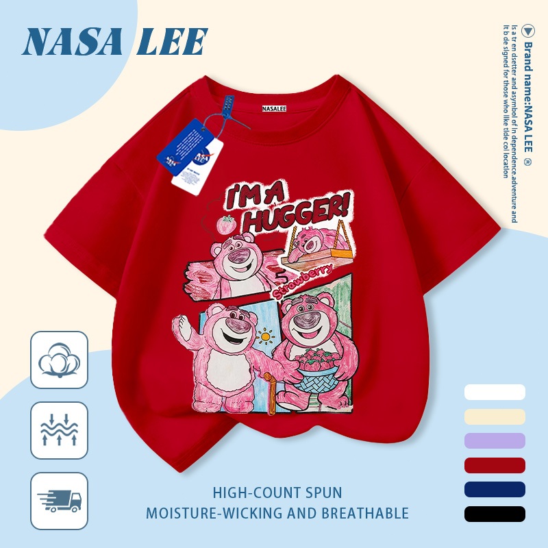 [Giao hàng trong ngày] Áo thun Cotton nguyên chất màu trắng cho trẻ em NASA Áo thun Cotton thoáng khí hoạt hình hợp thời trang Gấu dâu in hình trẻ em 3-16 tuổi Bé trai bé gái tay ngắn thông thường