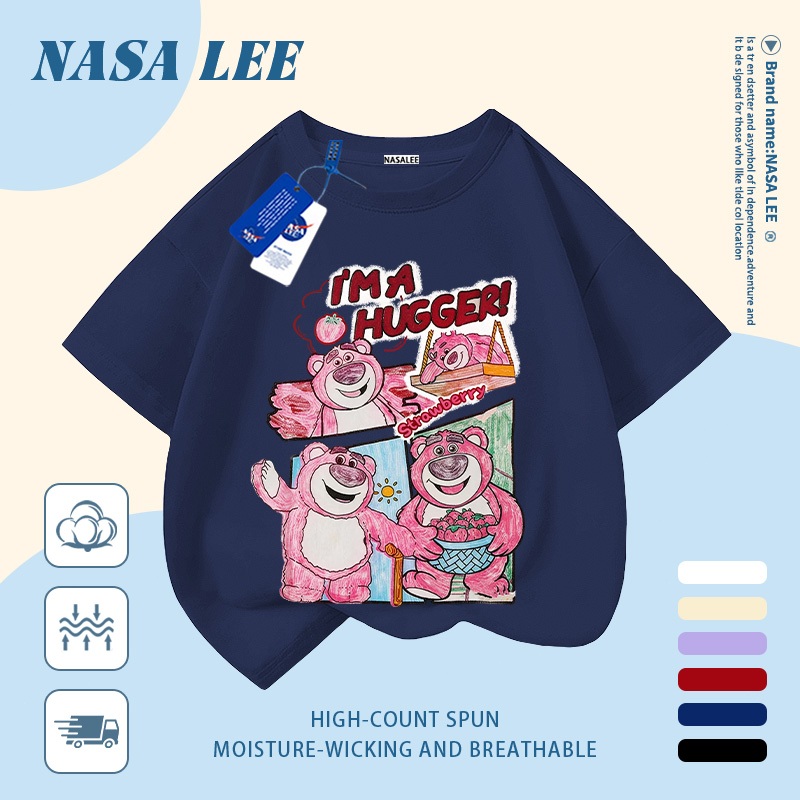 [Giao hàng trong ngày] Áo thun Cotton nguyên chất màu trắng cho trẻ em NASA Áo thun Cotton thoáng khí hoạt hình hợp thời trang Gấu dâu in hình trẻ em 3-16 tuổi Bé trai bé gái tay ngắn thông thường