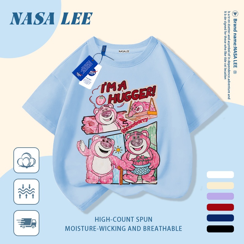 [Giao hàng trong ngày] Áo thun Cotton nguyên chất màu trắng cho trẻ em NASA Áo thun Cotton thoáng khí hoạt hình hợp thời trang Gấu dâu in hình trẻ em 3-16 tuổi Bé trai bé gái tay ngắn thông thường