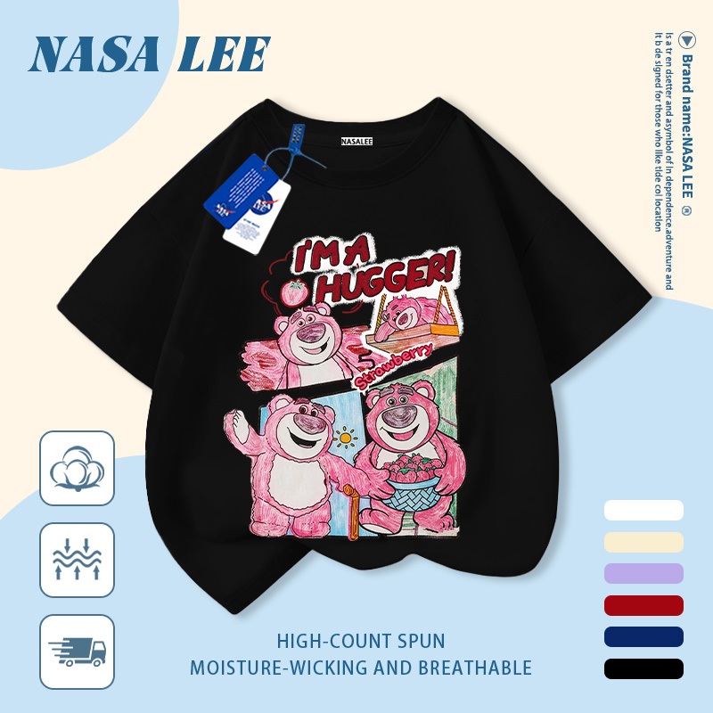 [Giao hàng trong ngày] Áo thun Cotton nguyên chất màu trắng cho trẻ em NASA Áo thun Cotton thoáng khí hoạt hình hợp thời trang Gấu dâu in hình trẻ em 3-16 tuổi Bé trai bé gái tay ngắn thông thường