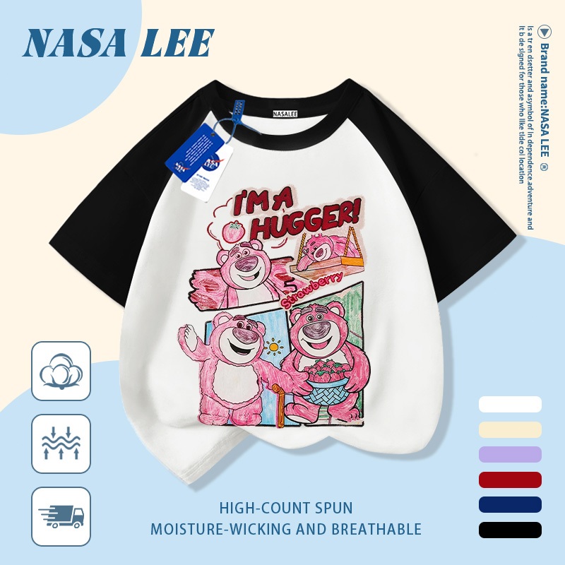 [Giao hàng trong ngày] Áo thun Cotton nguyên chất màu trắng cho trẻ em NASA Áo thun Cotton thoáng khí hoạt hình hợp thời trang Gấu dâu in hình trẻ em 3-16 tuổi Bé trai bé gái tay ngắn thông thường