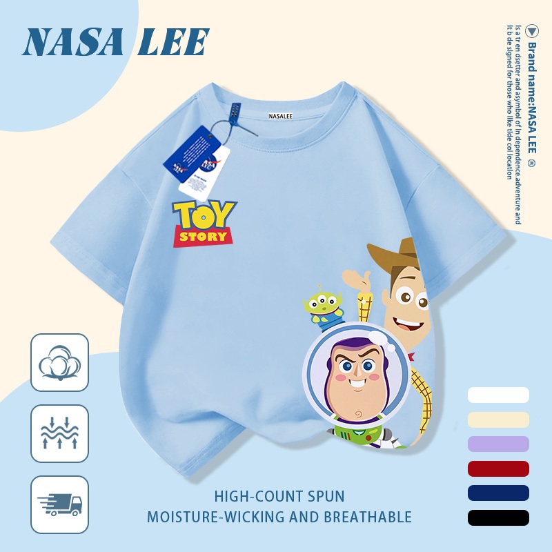 [Giao hàng trong ngày] Áo thun Cotton nguyên chất màu xanh trắng cho trẻ em NASA Áo thun Cotton thoáng khí hoạt hình hợp thời trang Nhân vật Anime In hình trẻ em 3-16 tuổi Bé trai bé gái tay ngắn thông thường