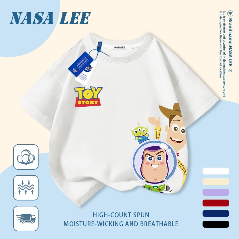 [Giao hàng trong ngày] Áo thun Cotton nguyên chất màu xanh trắng cho trẻ em NASA Áo thun Cotton thoáng khí hoạt hình hợp thời trang Nhân vật Anime In hình trẻ em 3-16 tuổi Bé trai bé gái tay ngắn thông thường