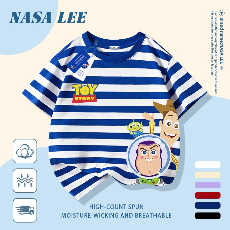 [Giao hàng trong ngày] Áo thun Cotton nguyên chất màu xanh trắng cho trẻ em NASA Áo thun Cotton thoáng khí hoạt hình hợp thời trang Nhân vật Anime In hình trẻ em 3-16 tuổi Bé trai bé gái tay ngắn thông thường
