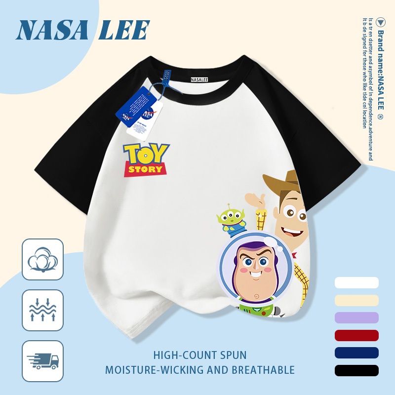 [Giao hàng trong ngày] Áo thun Cotton nguyên chất màu xanh trắng cho trẻ em NASA Áo thun Cotton thoáng khí hoạt hình hợp thời trang Nhân vật Anime In hình trẻ em 3-16 tuổi Bé trai bé gái tay ngắn thông thường