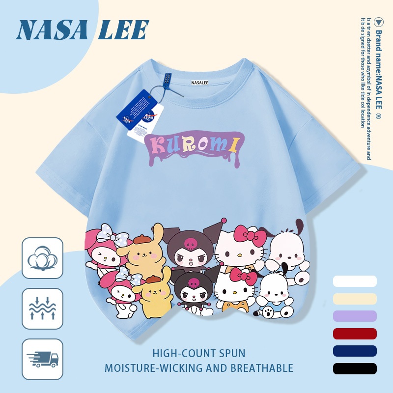 [Giao hàng trong ngày] Áo thun Cotton trắng nguyên chất thoáng khí cho trẻ em NASA Phim hoạt hình Sanrio Family In hợp thời trang 3-16 tuổi Bé trai bé gái tay ngắn thông thường