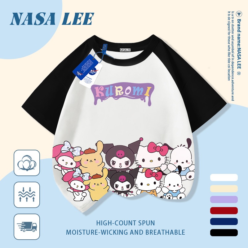 [Giao hàng trong ngày] Áo thun Cotton trắng nguyên chất thoáng khí cho trẻ em NASA Phim hoạt hình Sanrio Family In hợp thời trang 3-16 tuổi Bé trai bé gái tay ngắn thông thường