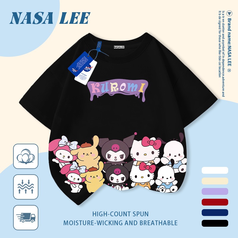 [Giao hàng trong ngày] Áo thun Cotton trắng nguyên chất thoáng khí cho trẻ em NASA Phim hoạt hình Sanrio Family In hợp thời trang 3-16 tuổi Bé trai bé gái tay ngắn thông thường