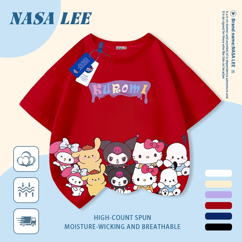 [Giao hàng trong ngày] Áo thun Cotton trắng nguyên chất thoáng khí cho trẻ em NASA Phim hoạt hình Sanrio Family In hợp thời trang 3-16 tuổi Bé trai bé gái tay ngắn thông thường