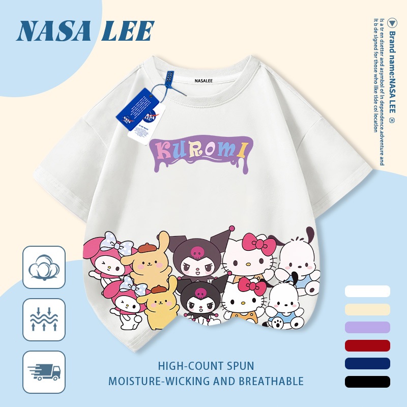 [Giao hàng trong ngày] Áo thun Cotton trắng nguyên chất thoáng khí cho trẻ em NASA Phim hoạt hình Sanrio Family In hợp thời trang 3-16 tuổi Bé trai bé gái tay ngắn thông thường