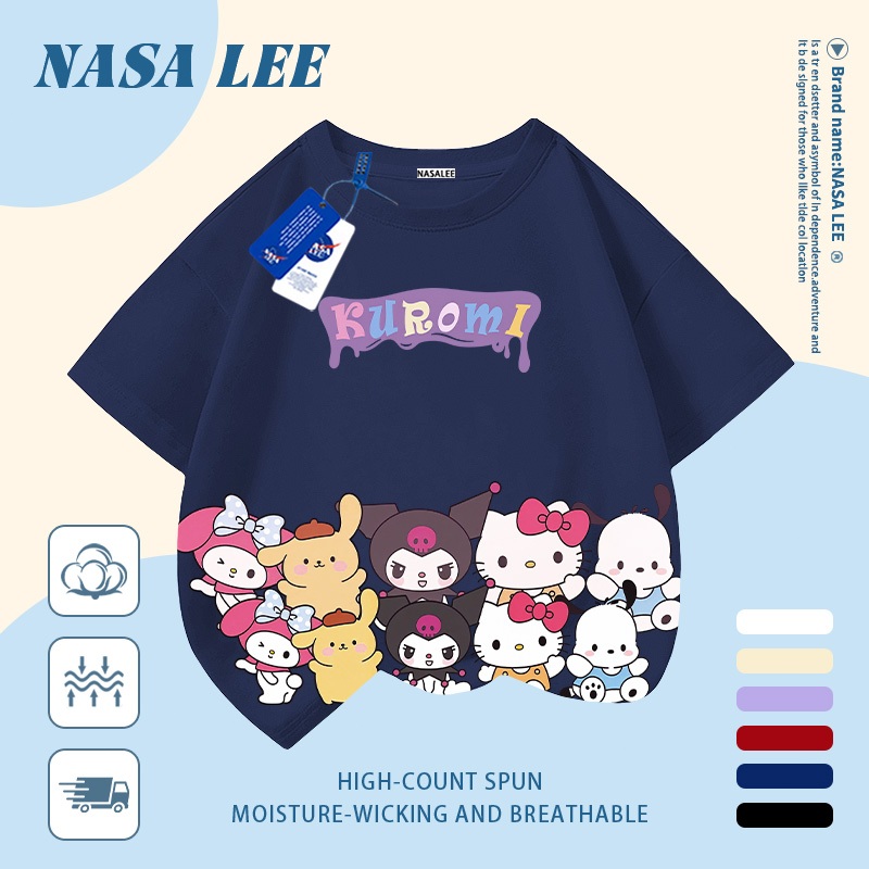 [Giao hàng trong ngày] Áo thun Cotton trắng nguyên chất thoáng khí cho trẻ em NASA Phim hoạt hình Sanrio Family In hợp thời trang 3-16 tuổi Bé trai bé gái tay ngắn thông thường