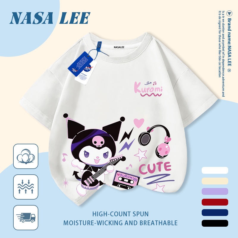 [Giao hàng trong ngày] Áo thun Cotton nguyên chất màu trắng cho trẻ em NASA Áo thun Cotton thoáng khí hoạt hình Kuromi In hợp thời trang 3-16 tuổi Bé trai bé gái tay ngắn thông thường