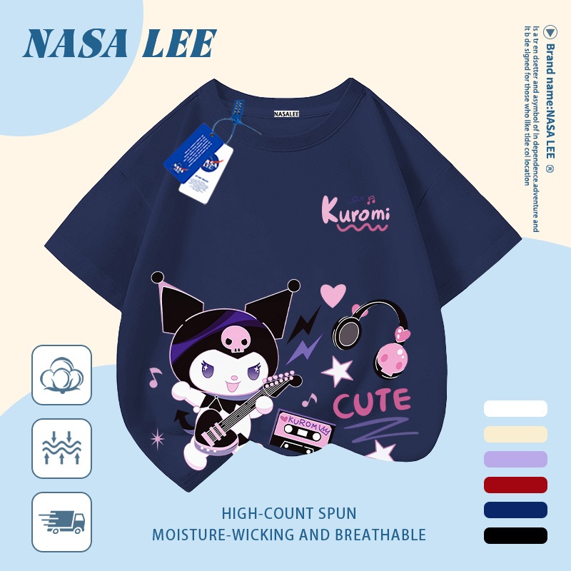 [Giao hàng trong ngày] Áo thun Cotton nguyên chất màu trắng cho trẻ em NASA Áo thun Cotton thoáng khí hoạt hình Kuromi In hợp thời trang 3-16 tuổi Bé trai bé gái tay ngắn thông thường