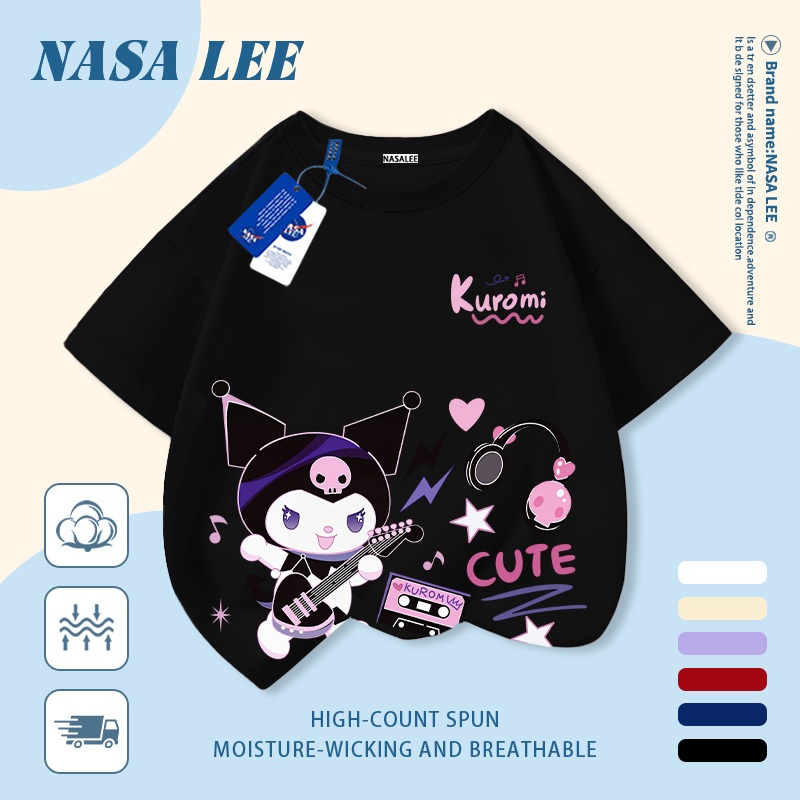 [Giao hàng trong ngày] Áo thun Cotton nguyên chất màu trắng cho trẻ em NASA Áo thun Cotton thoáng khí hoạt hình Kuromi In hợp thời trang 3-16 tuổi Bé trai bé gái tay ngắn thông thường