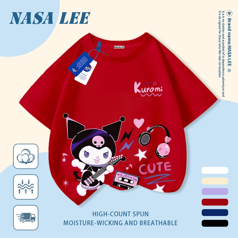 [Giao hàng trong ngày] Áo thun Cotton nguyên chất màu trắng cho trẻ em NASA Áo thun Cotton thoáng khí hoạt hình Kuromi In hợp thời trang 3-16 tuổi Bé trai bé gái tay ngắn thông thường
