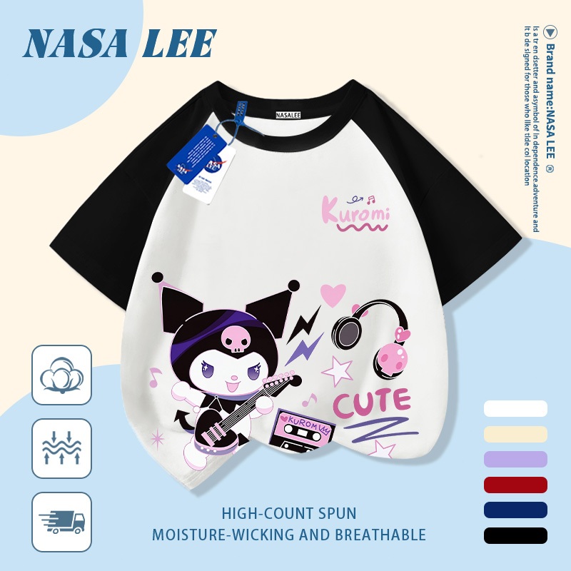[Giao hàng trong ngày] Áo thun Cotton nguyên chất màu trắng cho trẻ em NASA Áo thun Cotton thoáng khí hoạt hình Kuromi In hợp thời trang 3-16 tuổi Bé trai bé gái tay ngắn thông thường