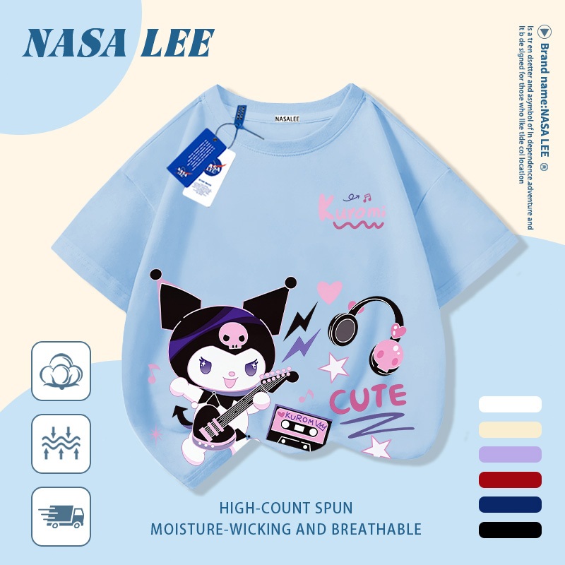 [Giao hàng trong ngày] Áo thun Cotton nguyên chất màu trắng cho trẻ em NASA Áo thun Cotton thoáng khí hoạt hình Kuromi In hợp thời trang 3-16 tuổi Bé trai bé gái tay ngắn thông thường