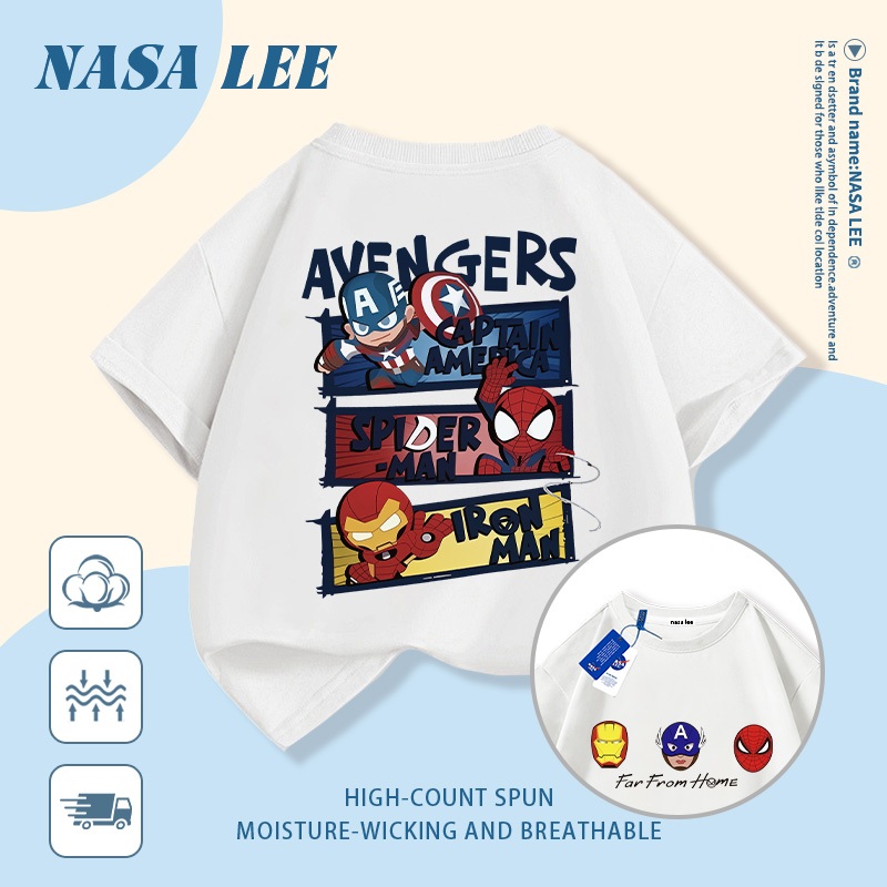 [Giao hàng trong ngày] Áo thun Cotton nguyên chất màu đen trắng cho trẻ em NASA Áo thun Cotton thoáng khí hoạt hình hợp thời trang in hình anh hùng 3-16 tuổi bé trai bé gái tay ngắn thông thường