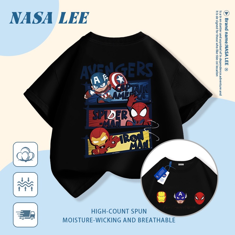 [Giao hàng trong ngày] Áo thun Cotton nguyên chất màu đen trắng cho trẻ em NASA Áo thun Cotton thoáng khí hoạt hình hợp thời trang in hình anh hùng 3-16 tuổi bé trai bé gái tay ngắn thông thường
